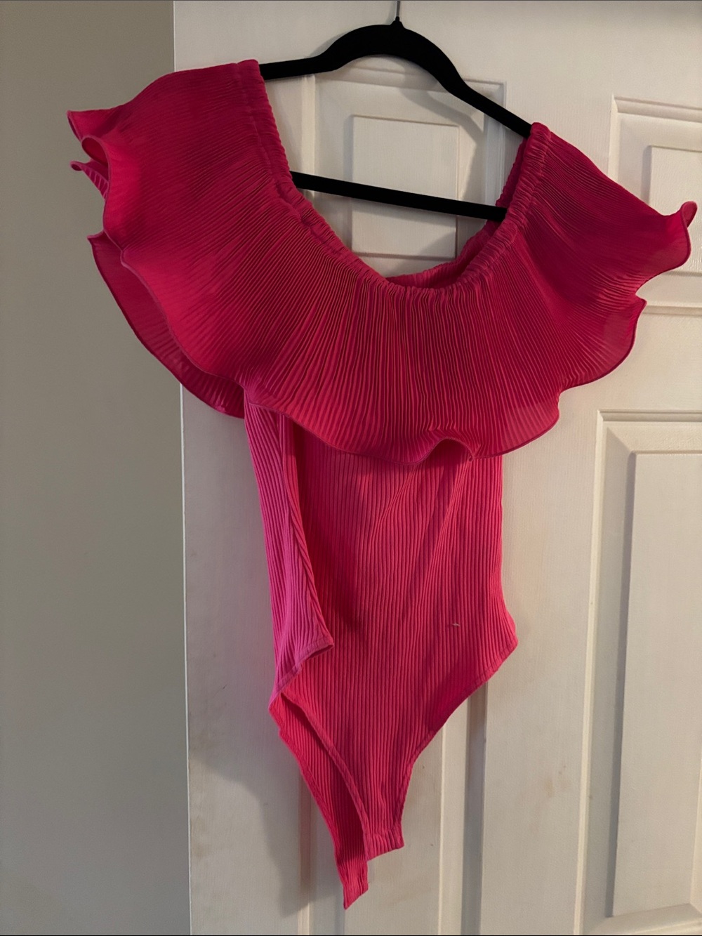 Jealous Tomato Hot Pink Ruffled Off-Shoulder Bodysuit